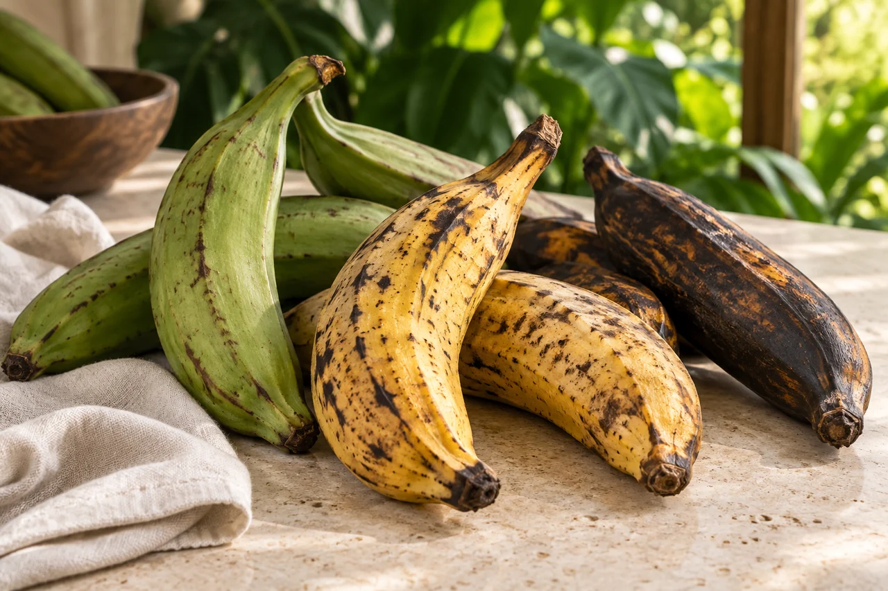 AI-generated still life of green and ripe cooking plantains